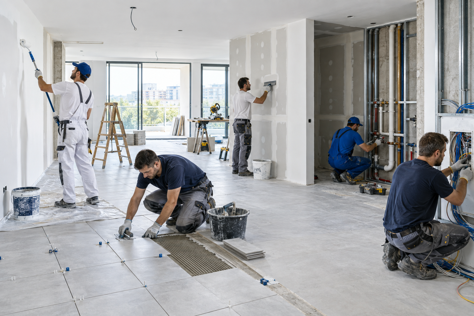 Apartment renovation work with painting, tiling, drywall, plumbing, and electrical installation